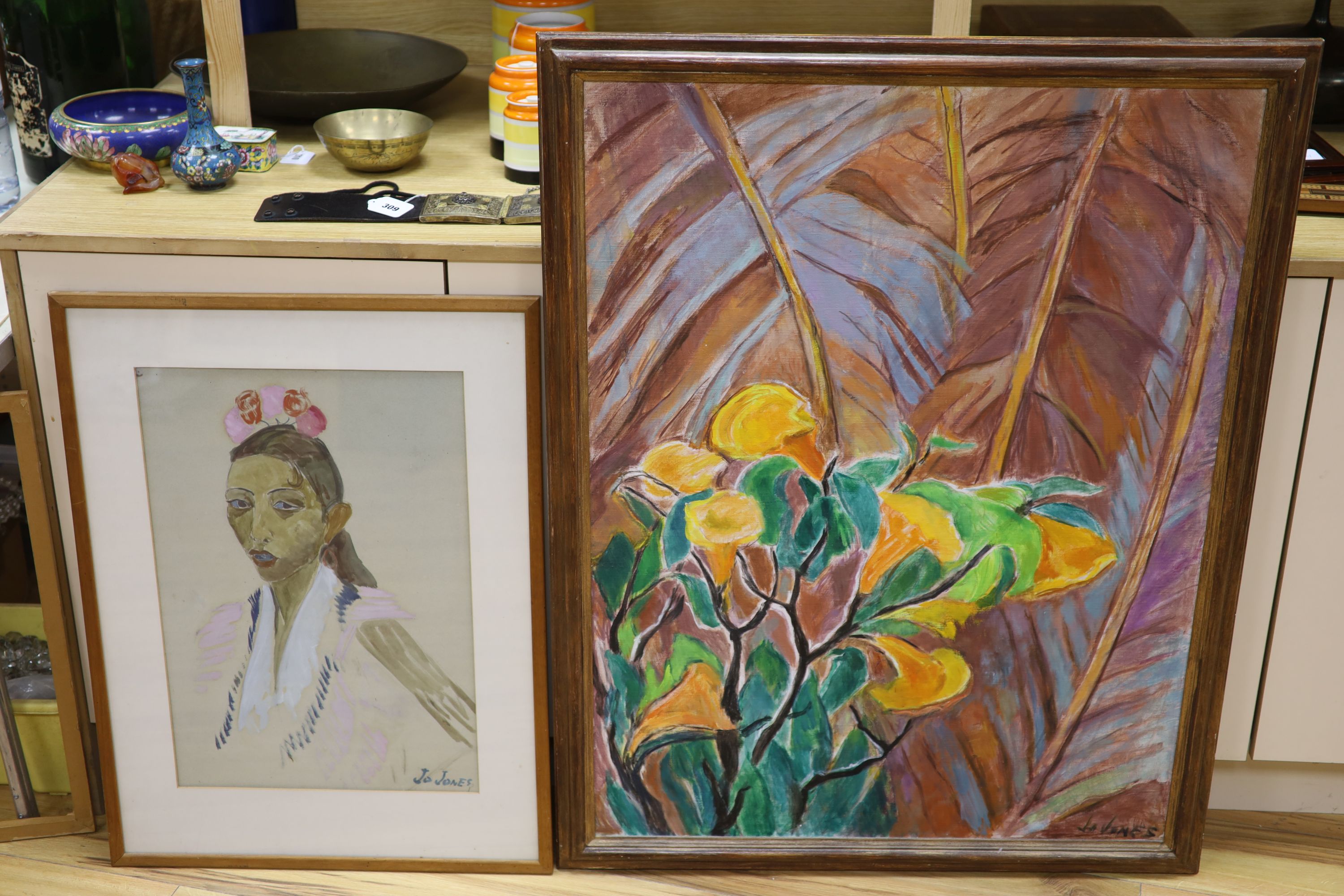 Jo Jones, watercolour, Portrait of an Asian woman, signed, 56 x 39cm and an oil of flowering plants, 98 x 73cm